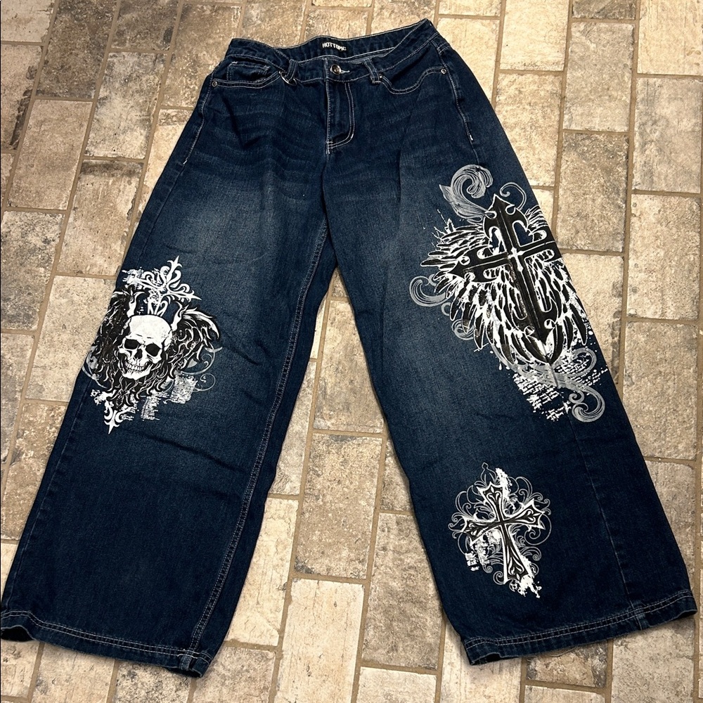 Hot Topic Dark Blue Flare Jeans with White Graphics